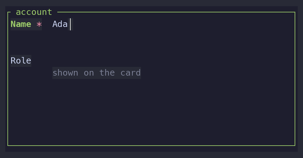 Form template: a name and a role, with the name filled in